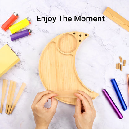 Cute Bamboo Rolling Tray, Moon Large Smoke Tray, Cigarette Tray with Pre Rolled Cone Holder and Grinder Slot(9.26x7.09inches)