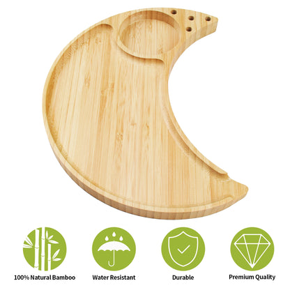 Cute Bamboo Rolling Tray, Moon Large Smoke Tray, Cigarette Tray with Pre Rolled Cone Holder and Grinder Slot(9.26x7.09inches)