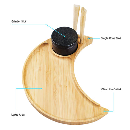 Cute Bamboo Rolling Tray, Moon Large Smoke Tray, Cigarette Tray with Pre Rolled Cone Holder and Grinder Slot(9.26x7.09inches)